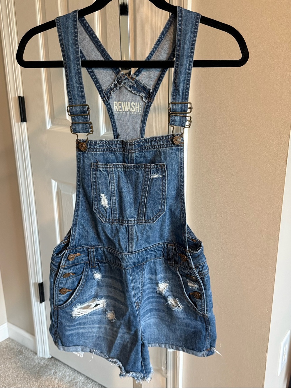 Rewash Blue Denim Overall Shorts with Distressed Detail